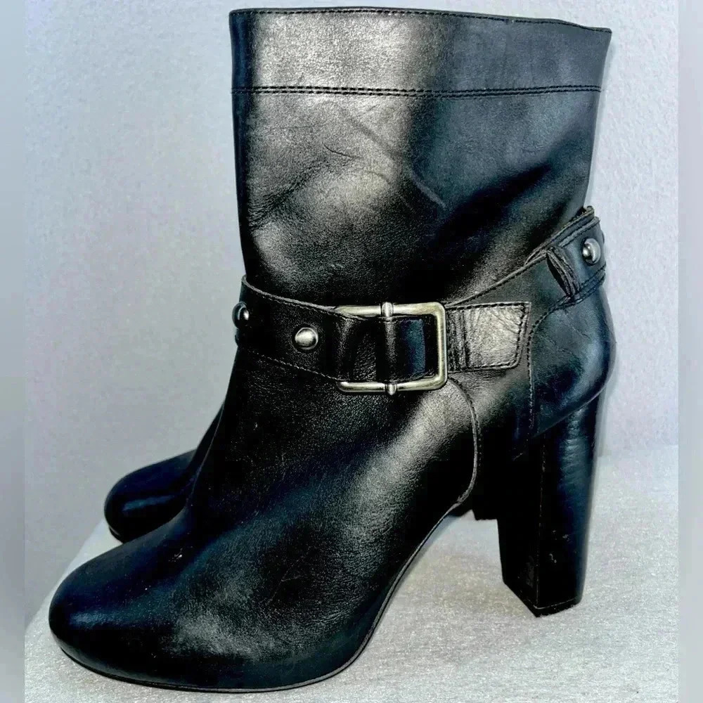 Arturo Chiang Black booties / boots leather buckle- studded with 4” heel